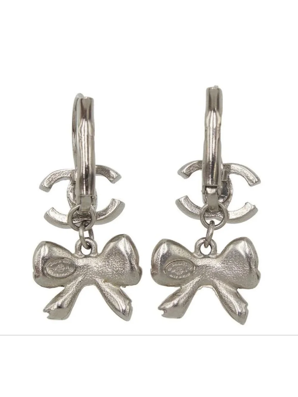 Chanel CC Logo Ribbon Rhinestone Swing Earrings